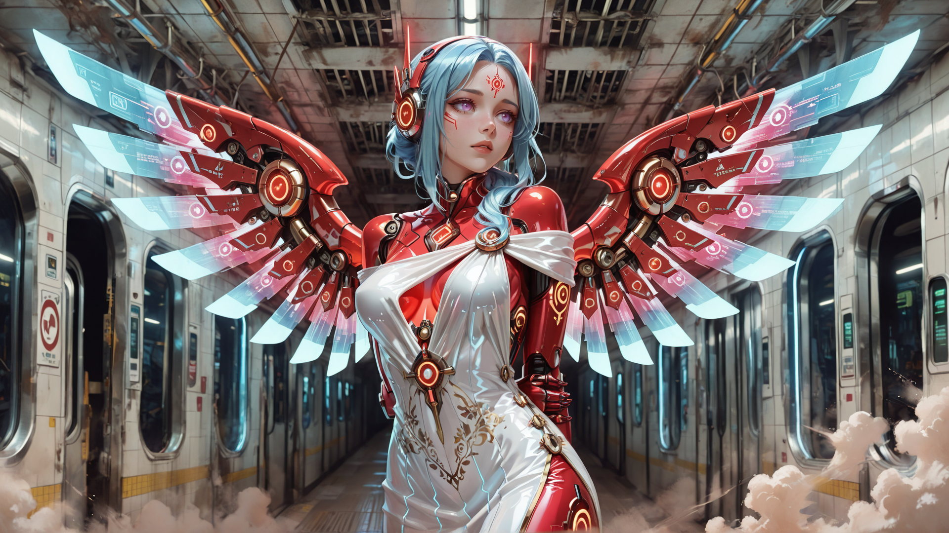 AI generated wallpaper featuring cyborg, angel, futuristic, woman, mechanical wings, train station