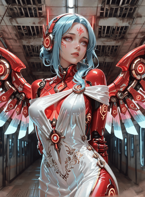 cyborg, angel, futuristic, woman, mechanical wings, train station