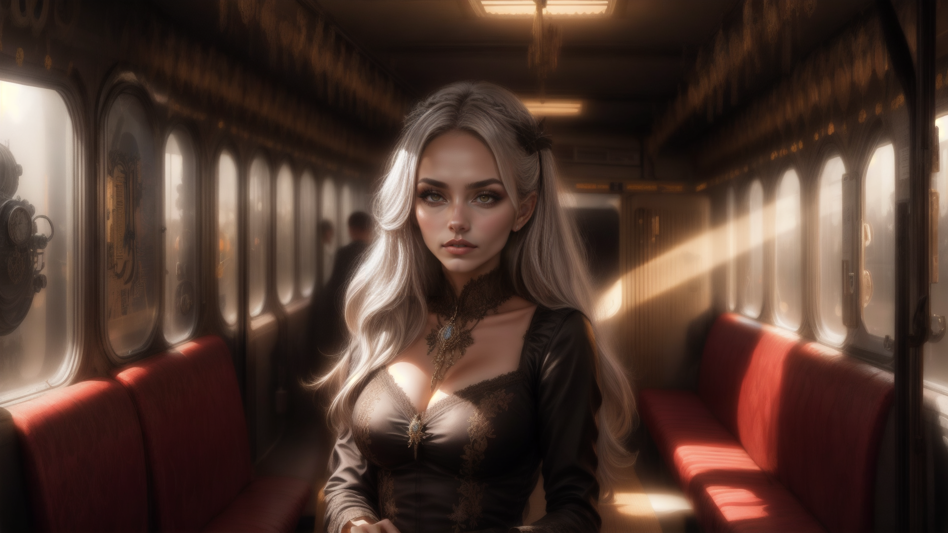 AI generated wallpaper featuring woman, train, seats