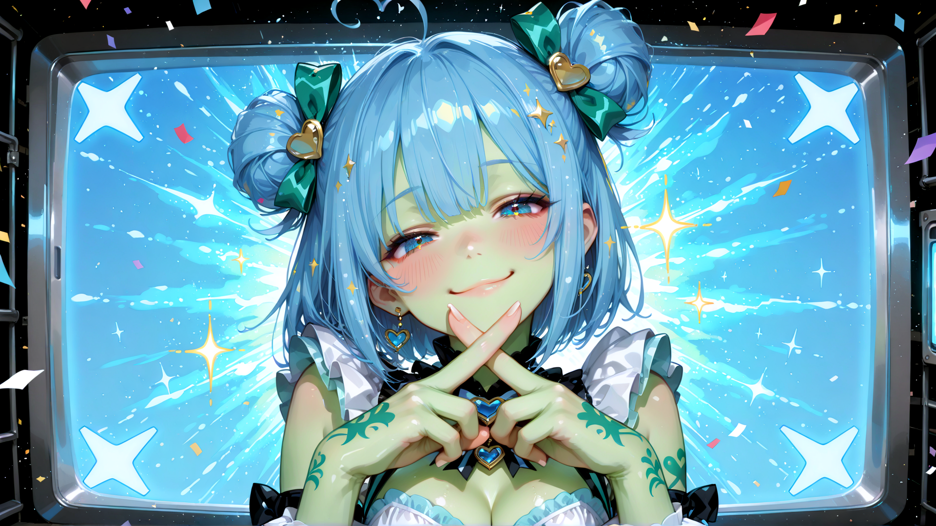 AI generated wallpaper featuring anime girl, blue hair, green bow, heart earring, freckles, confetti, star background