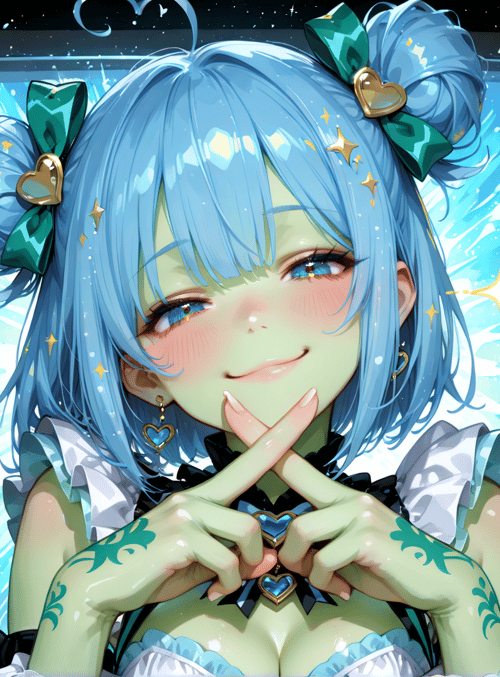 anime girl, blue hair, green bow, heart earring, freckles, confetti, star background