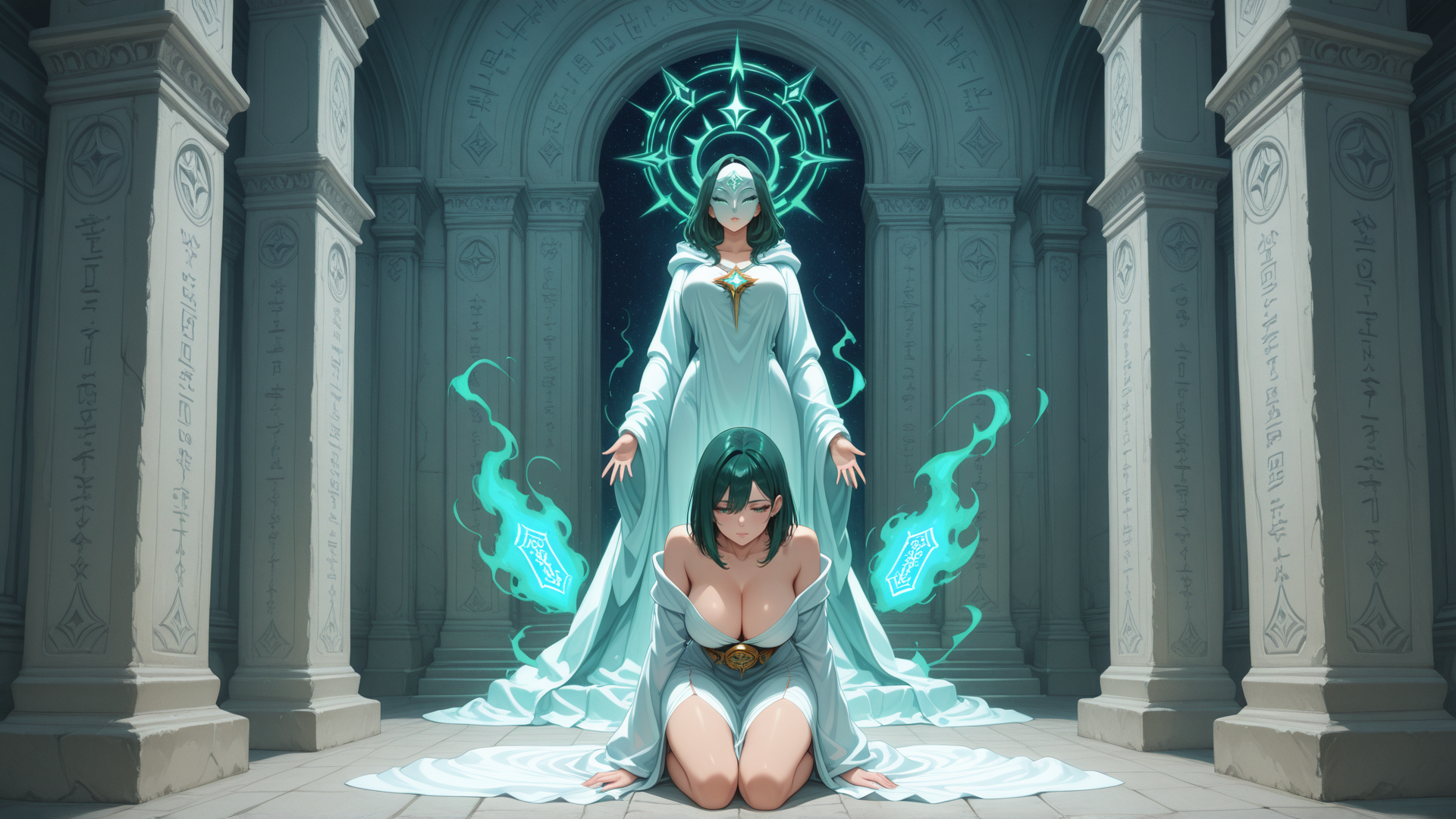 AI generated wallpaper featuring woman, sage, healer, priestess, ancient, temple, archway, symbols, glowing, flames