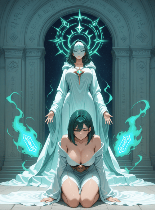 woman, sage, healer, priestess, ancient, temple, archway, symbols, glowing, flames