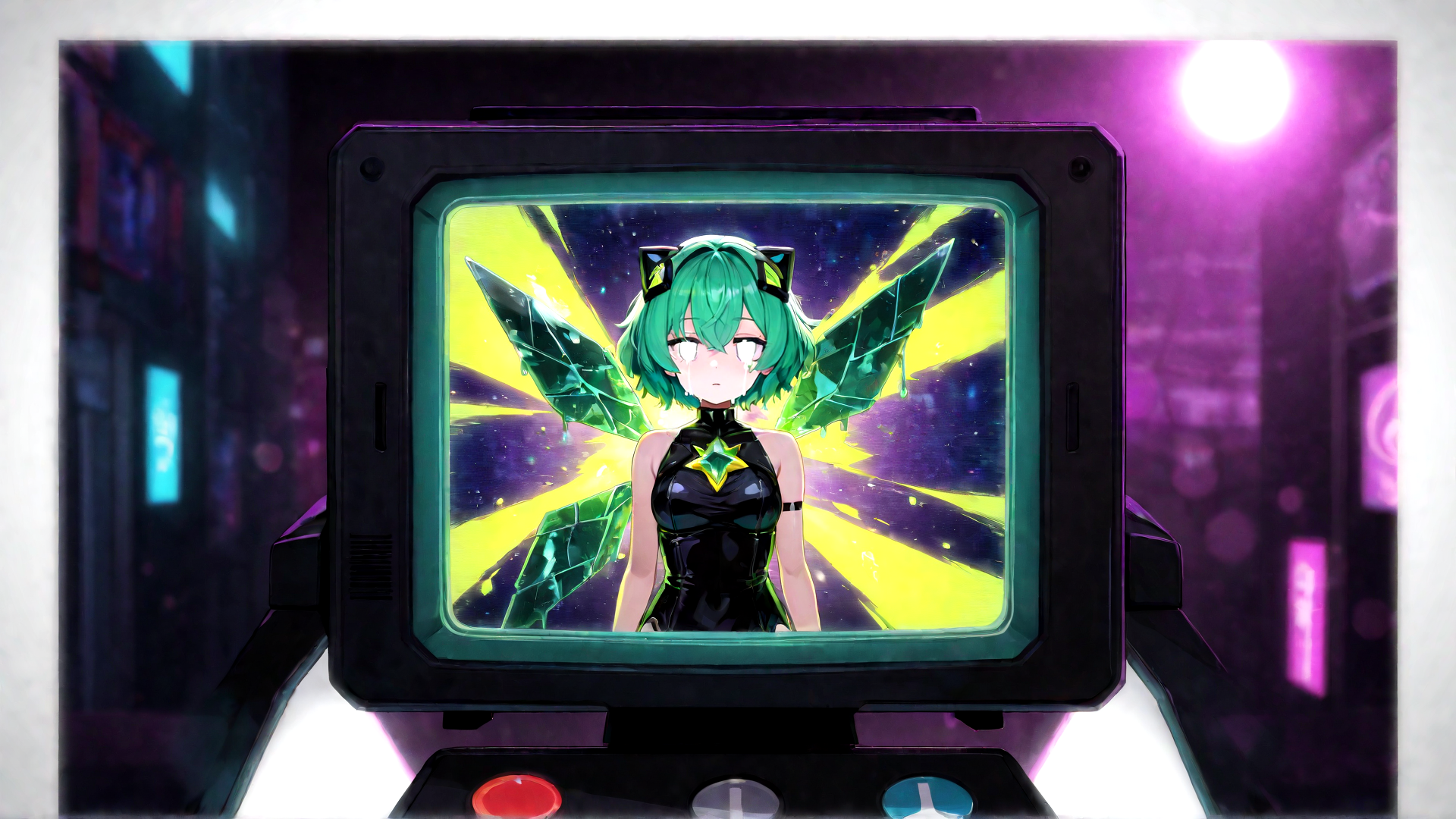 AI generated wallpaper featuring anime character, crystal wings, television
