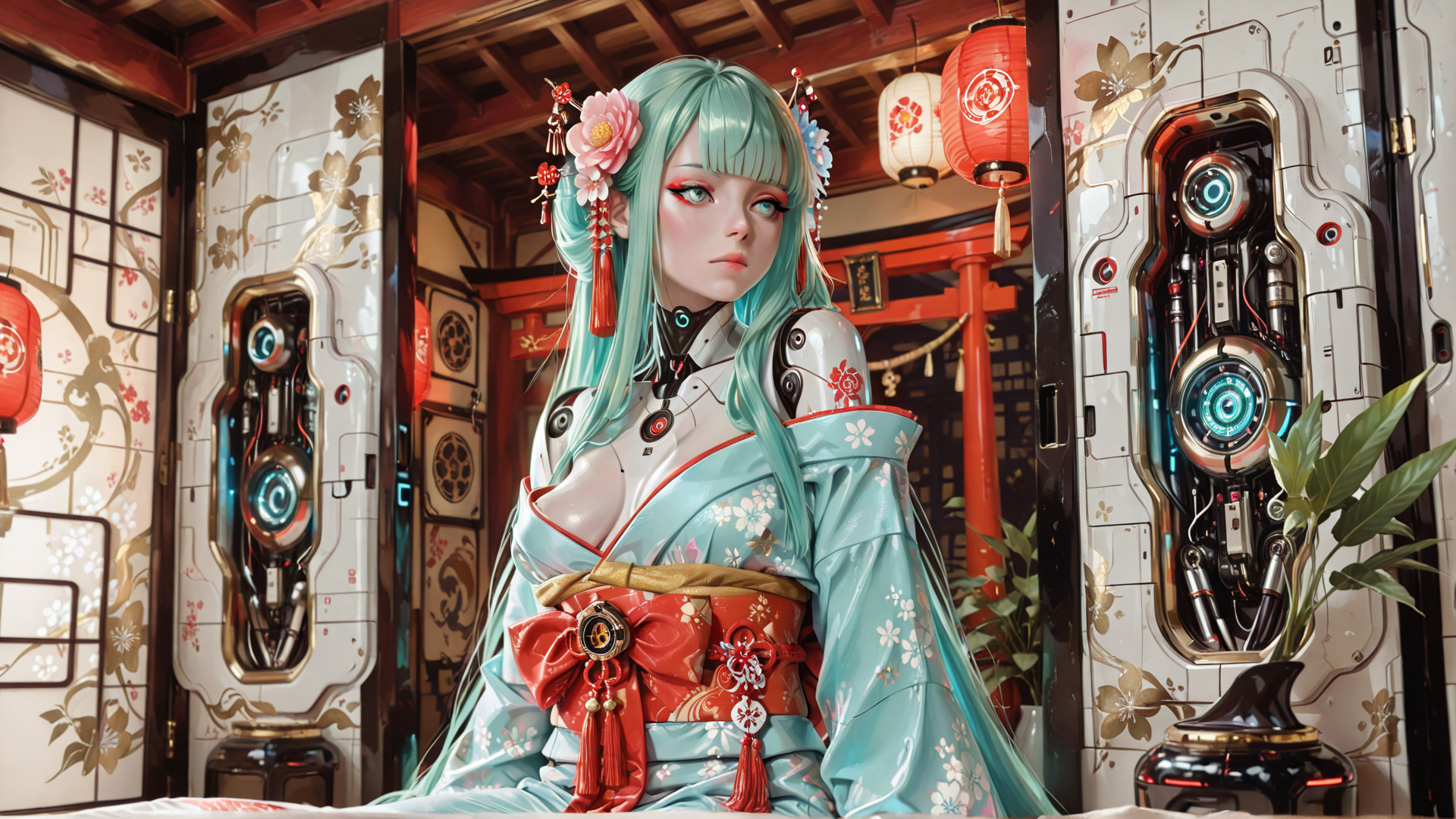 AI generated wallpaper featuring cyborg, geisha, robot, koi, lantern, kimono, cherry blossom, hologram, sake, tassel