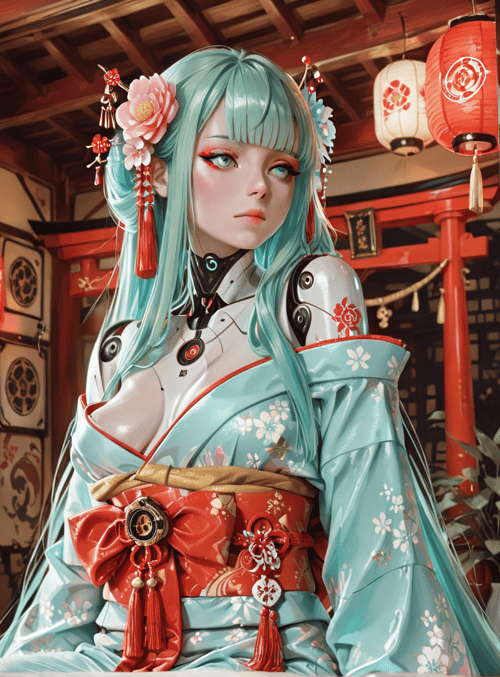 cyborg, geisha, robot, koi, lantern, kimono, cherry blossom, hologram, sake, tassel