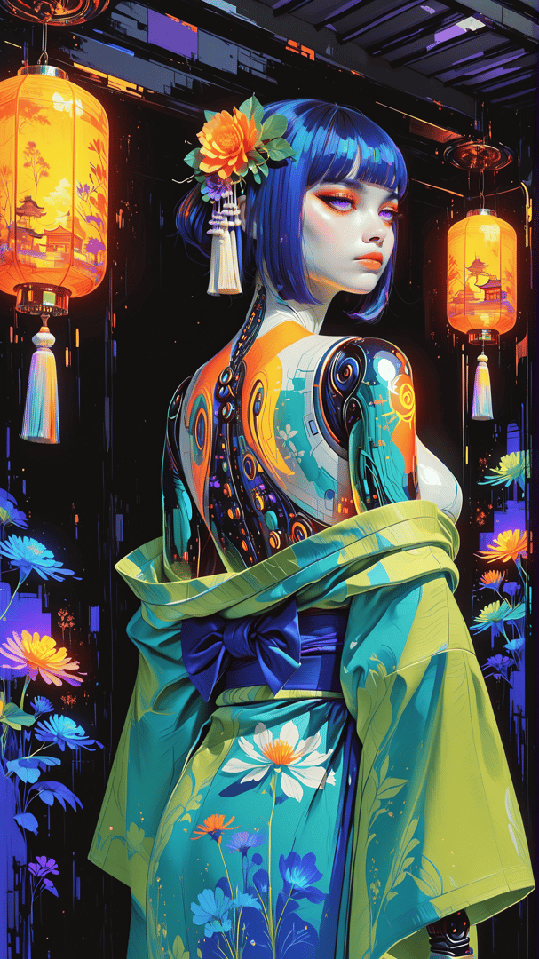 AI generated wallpaper featuring woman, robot, lantern, flower, kimono, cityscape