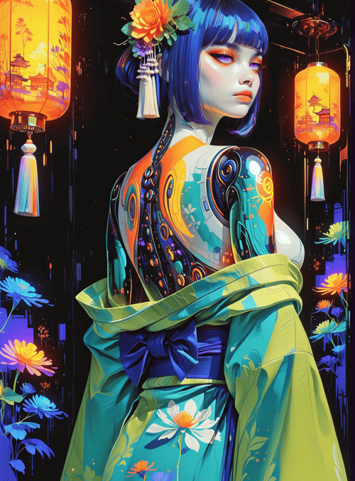 woman, robot, lantern, flower, kimono, cityscape