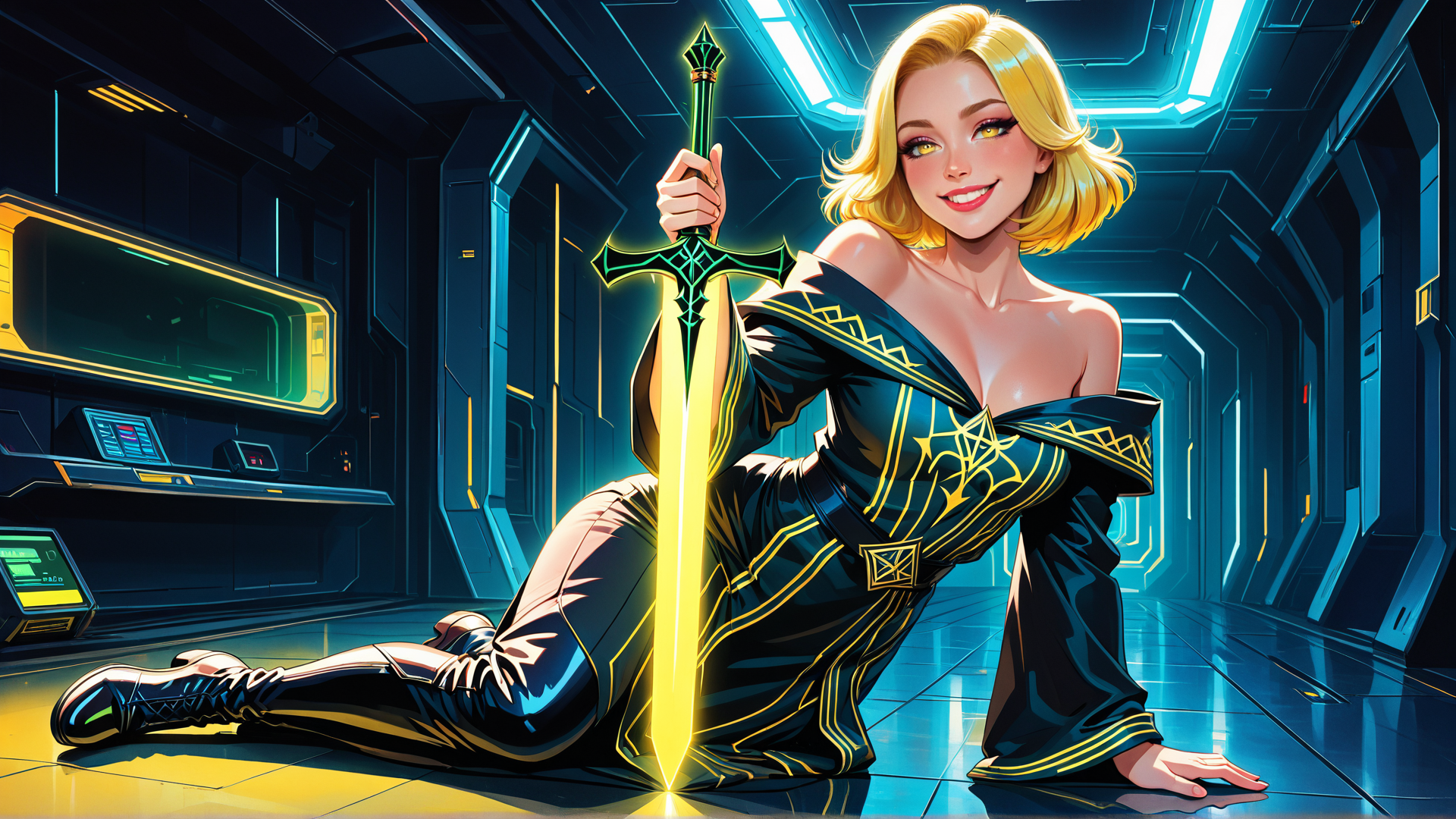 AI generated wallpaper featuring woman, sword, spaceship