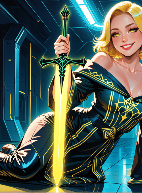 woman, sword, spaceship
