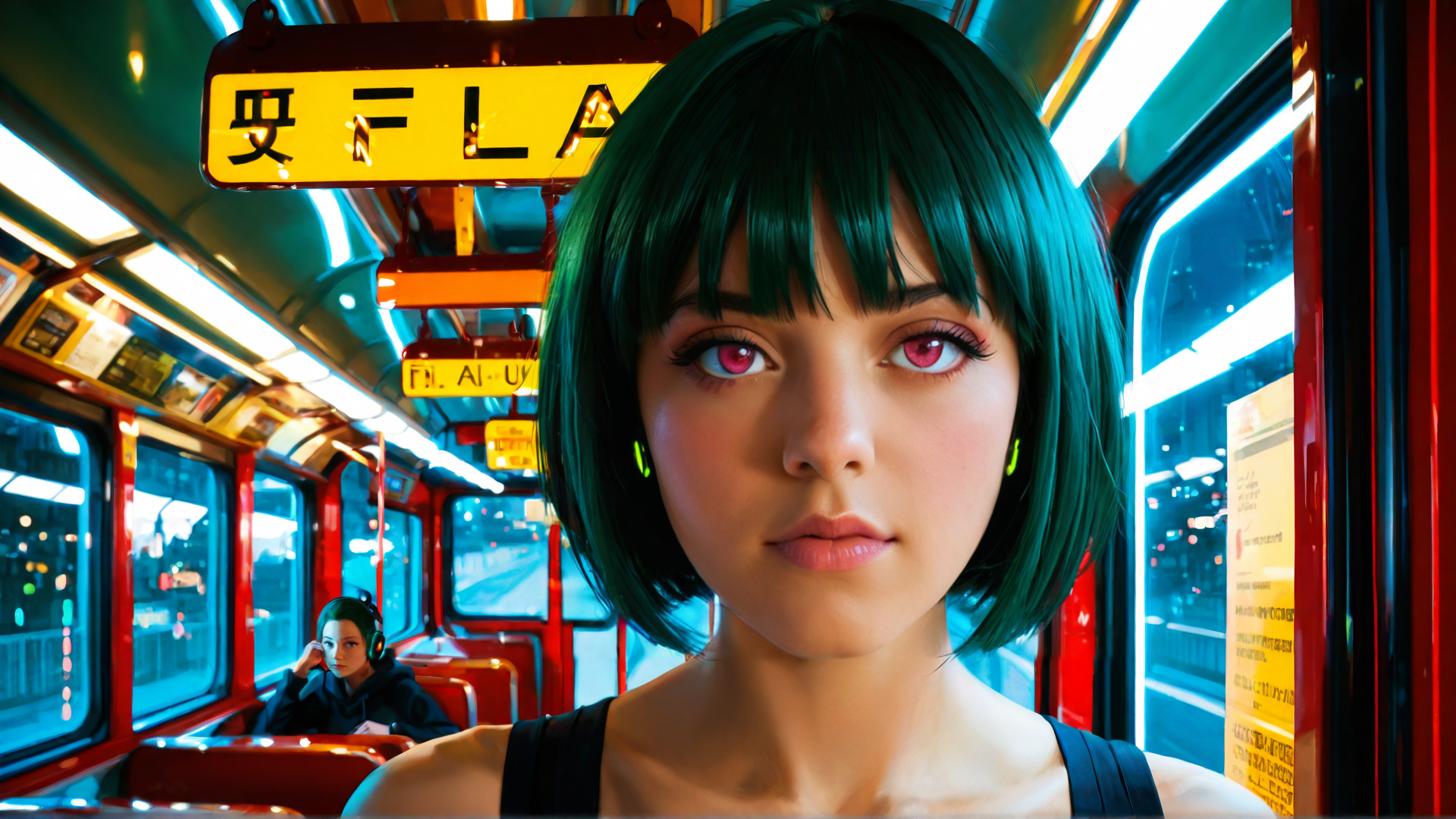 AI generated wallpaper featuring girl, train, subway, neon, city