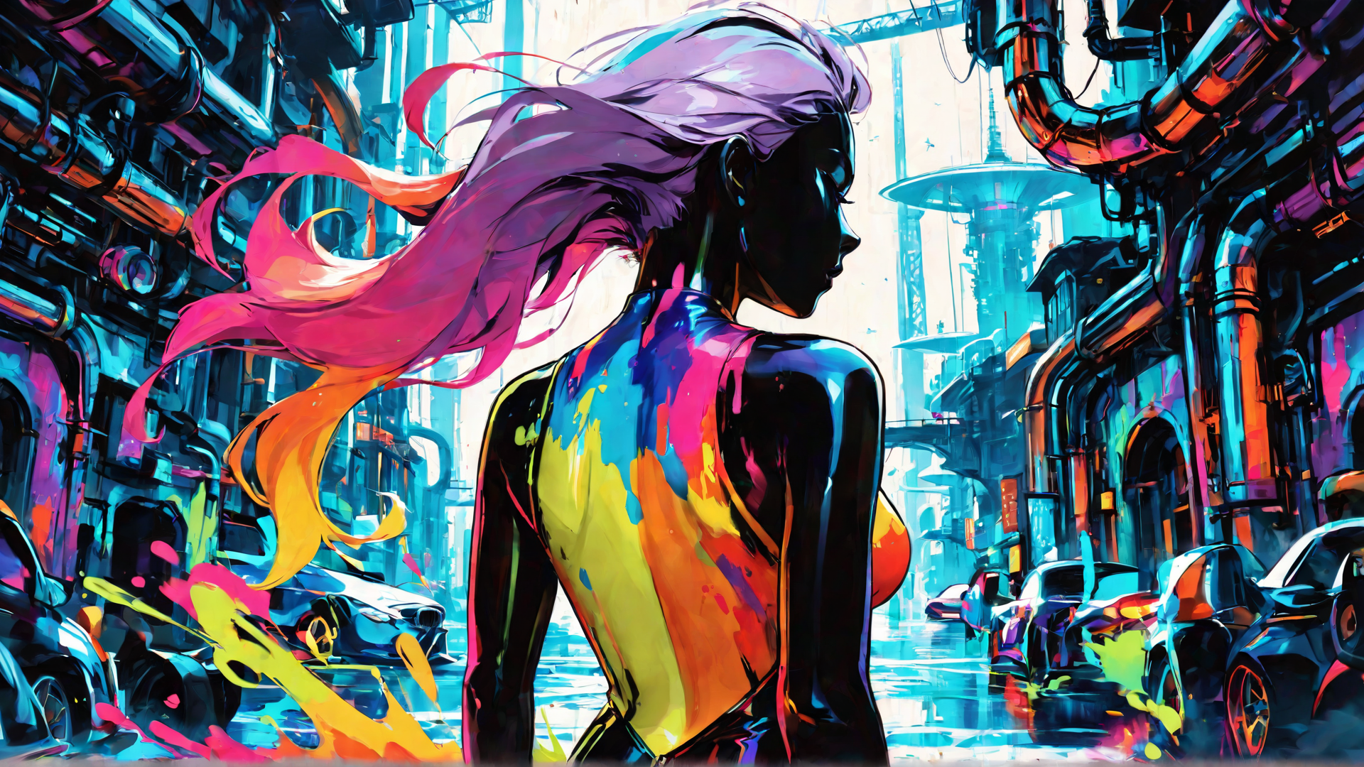 AI generated wallpaper featuring woman, city, cars, buildings, hair