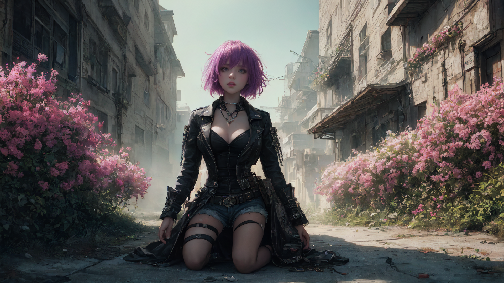 AI generated wallpaper featuring girl, street, flowers