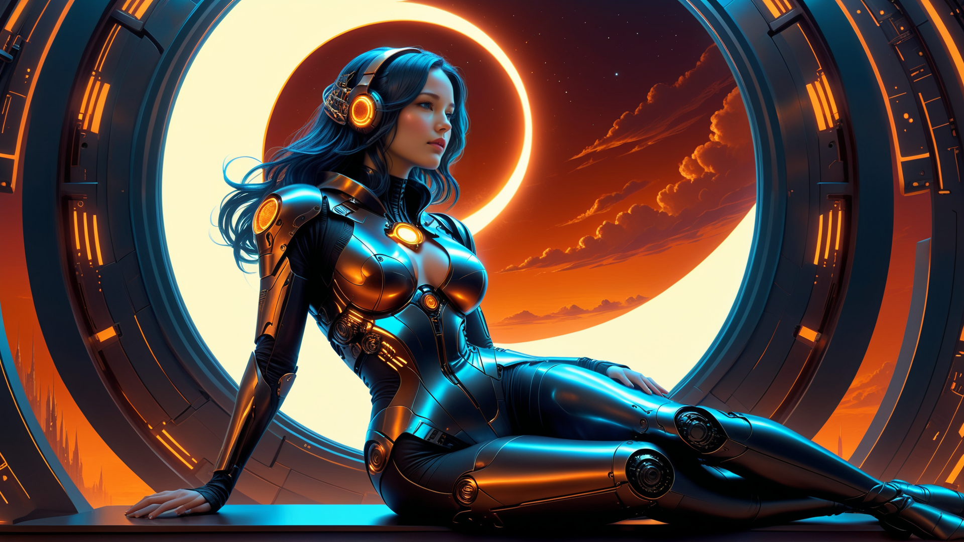 AI generated wallpaper featuring woman, cyborg, spacesuit, helmet, headphones, gloves, armor