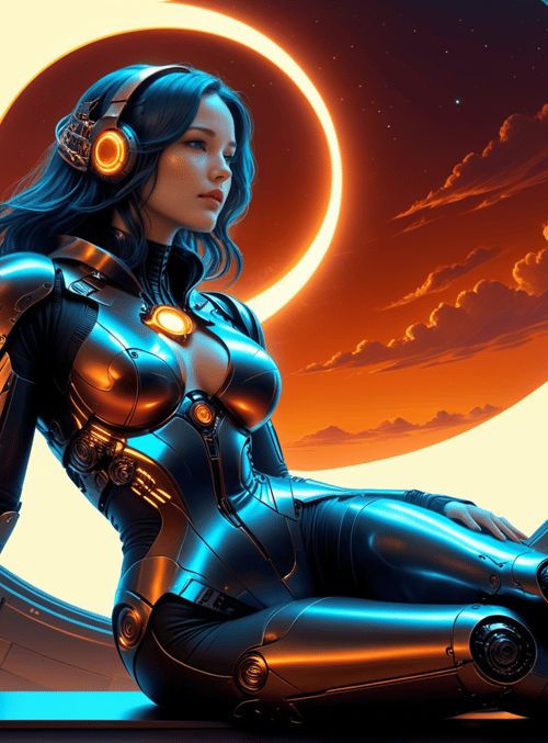 woman, cyborg, spacesuit, helmet, headphones, gloves, armor