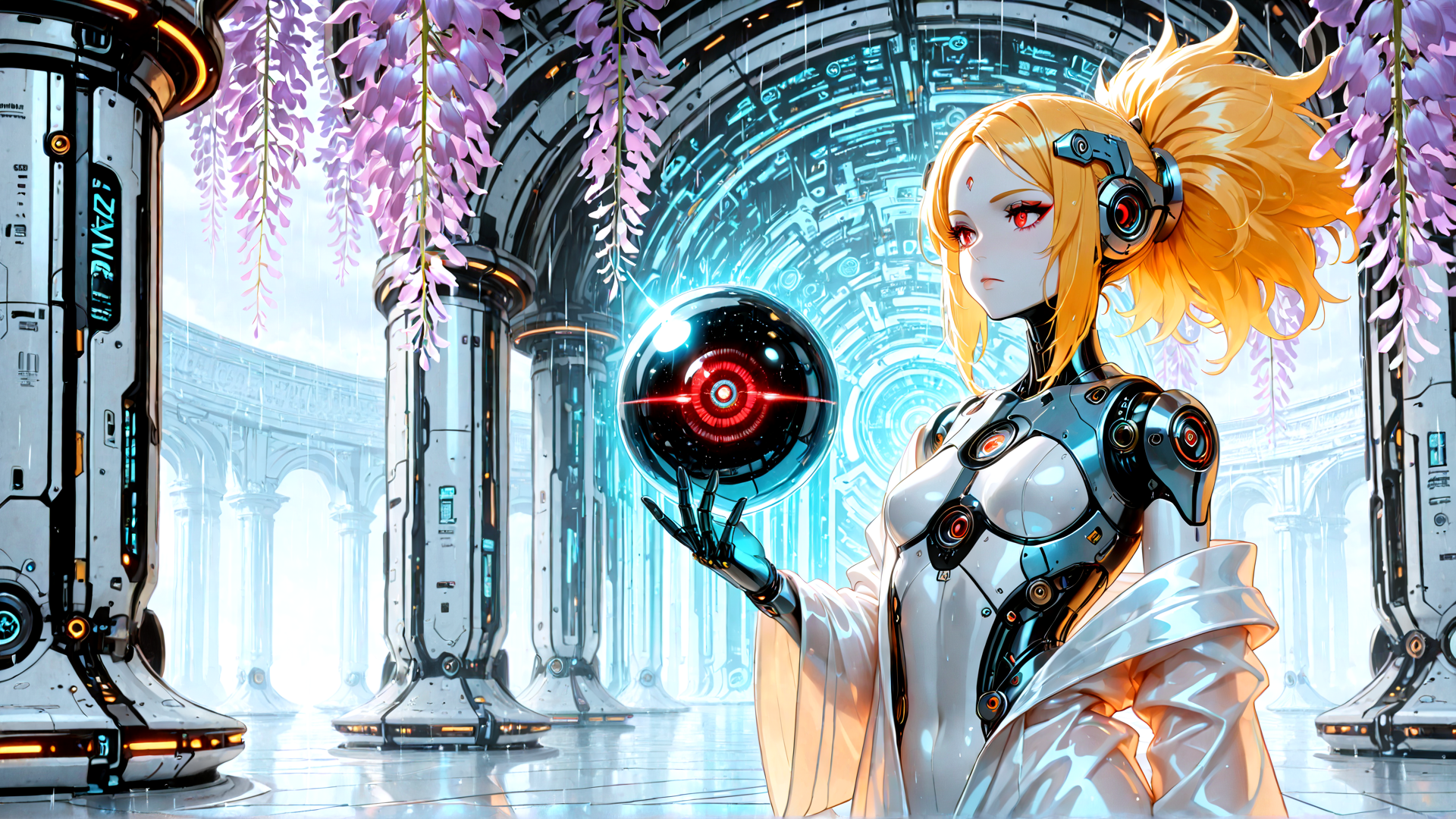 AI generated wallpaper featuring robot, cyborg, sphere, wisteria, columns, technology