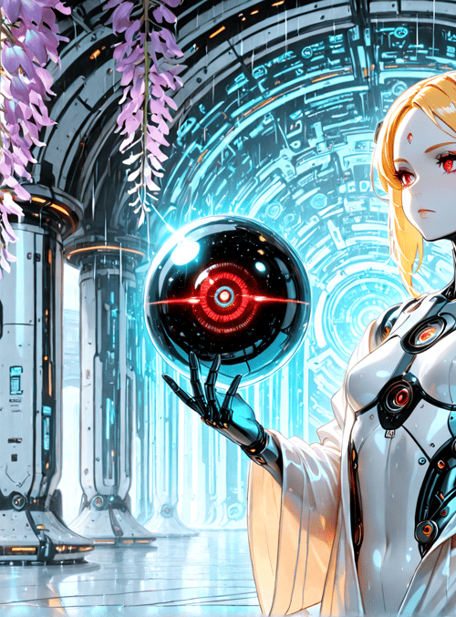 robot, cyborg, sphere, wisteria, columns, technology