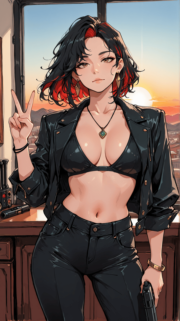 AI generated wallpaper featuring woman, glasses, guns, jacket, earrings, nails, necklace, bikini, pants, hair