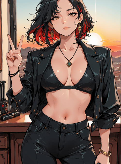woman, glasses, guns, jacket, earrings, nails, necklace, bikini, pants, hair