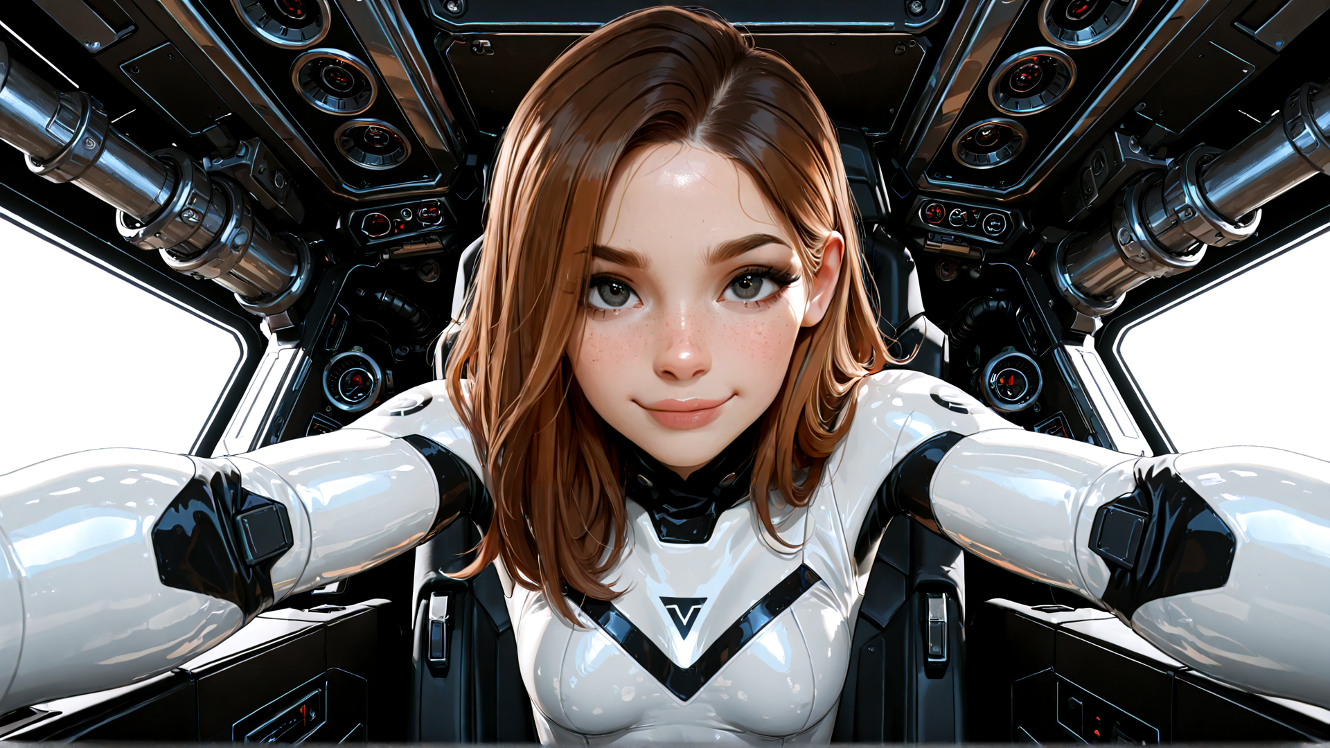 AI generated wallpaper featuring woman, robot, spaceship, pilot, gloves, seat