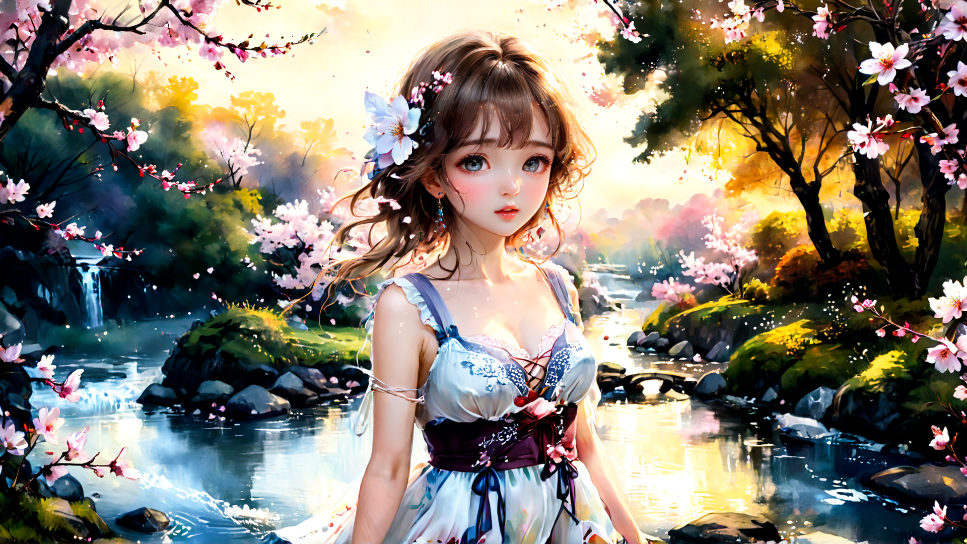 AI generated wallpaper featuring girl, cherry blossom, river