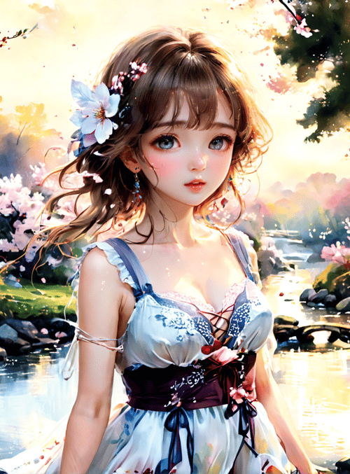 girl, cherry blossom, river