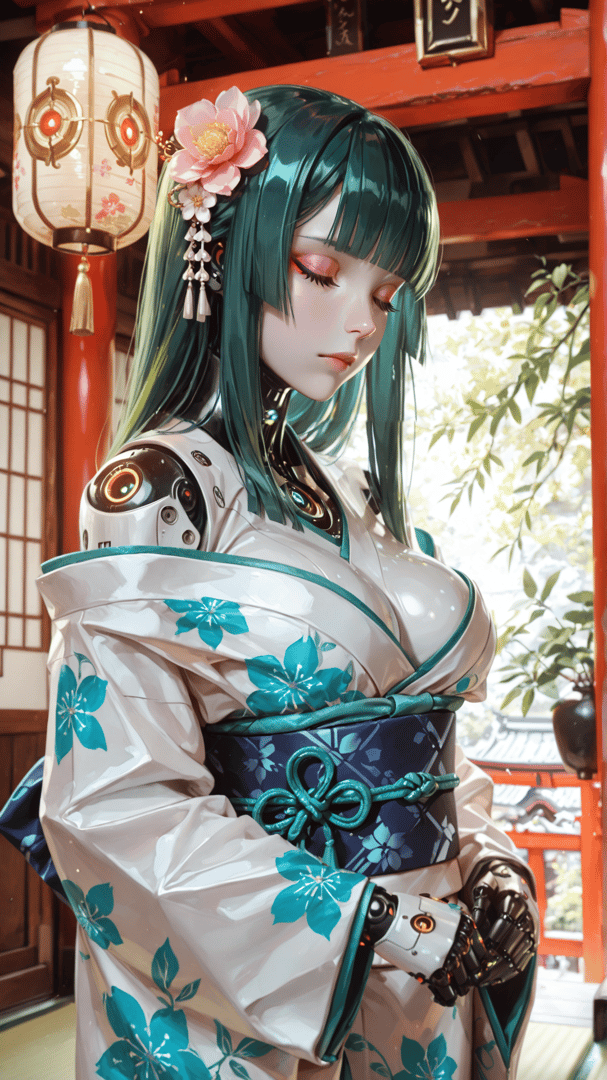 AI generated wallpaper featuring robot, woman, kimono, lantern, flower, cherry blossom
