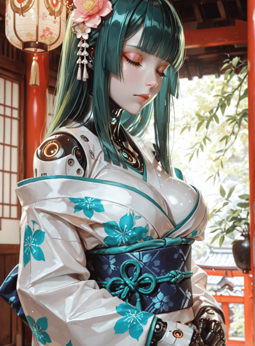 robot, woman, kimono, lantern, flower, cherry blossom