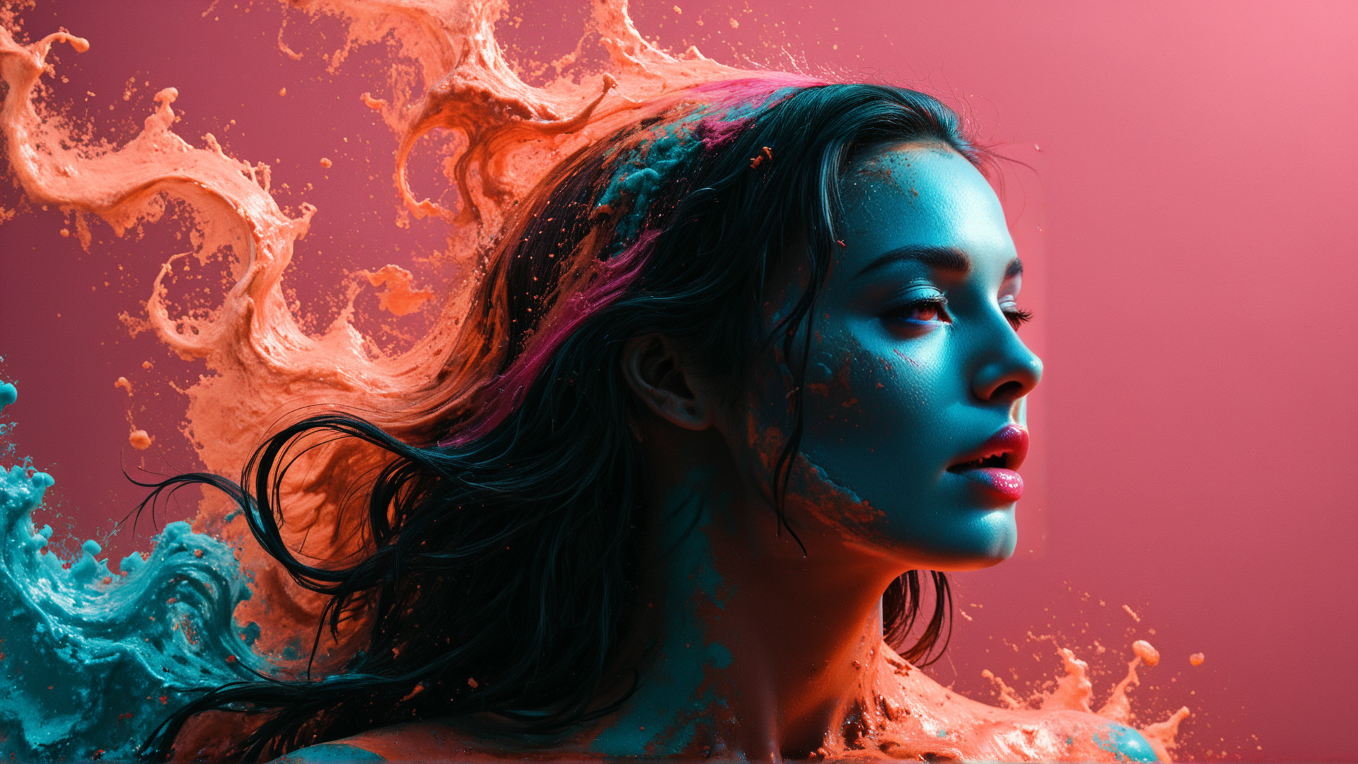 AI generated wallpaper featuring woman, hair, paint, splatter
