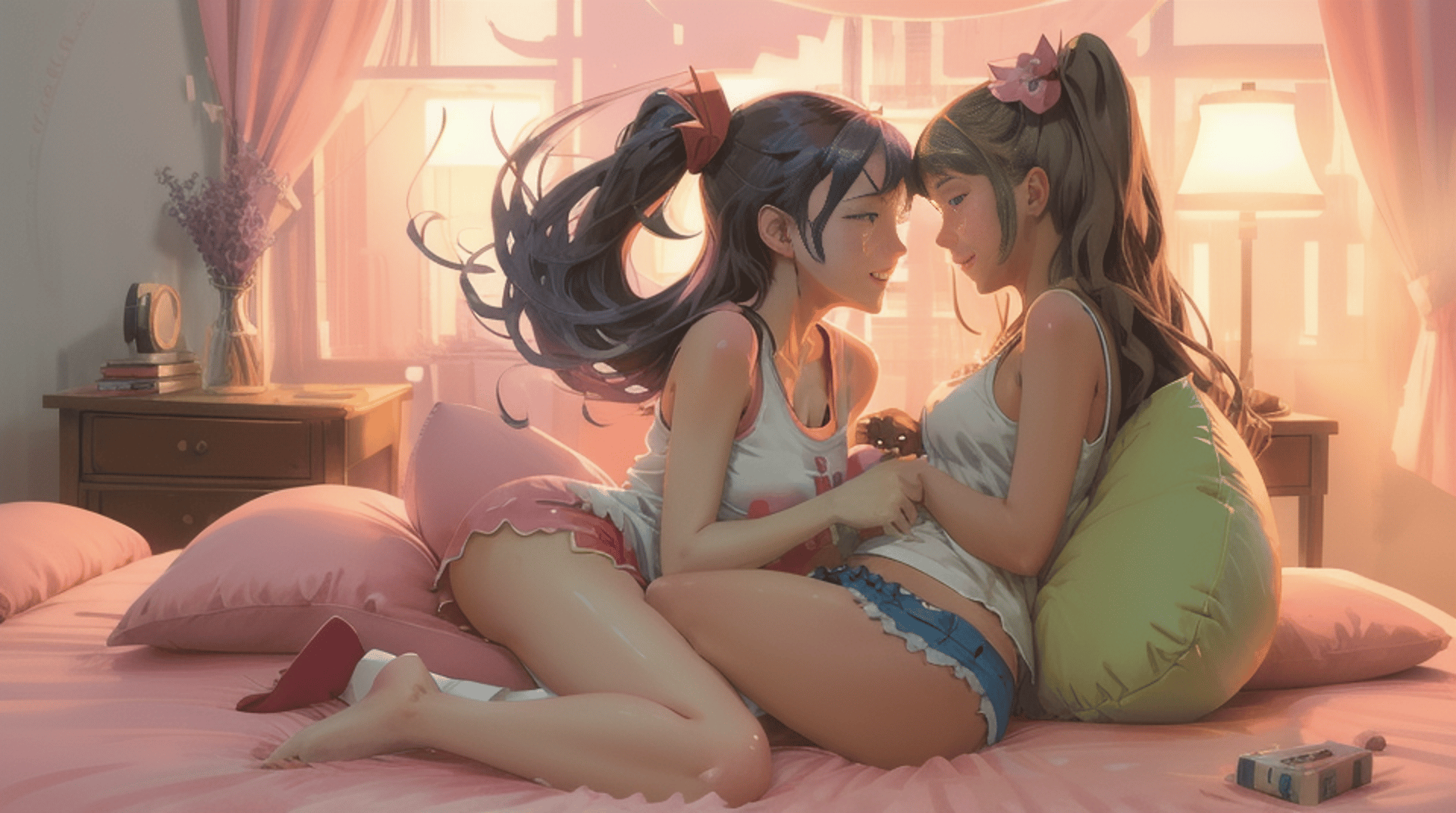 AI generated wallpaper featuring girls, bed, pillows