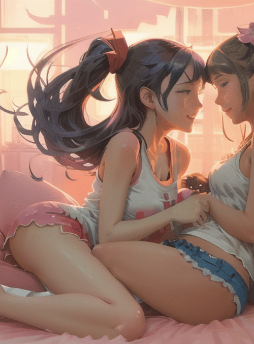 girls, bed, pillows
