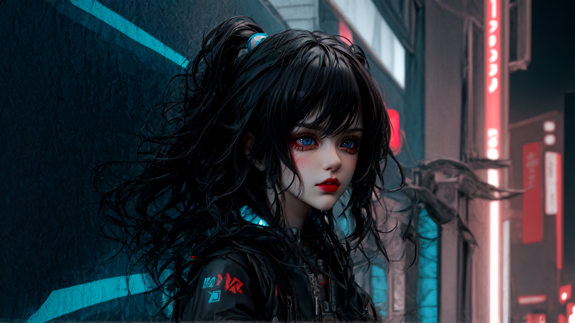 AI generated wallpaper featuring girl, cyberpunk, street