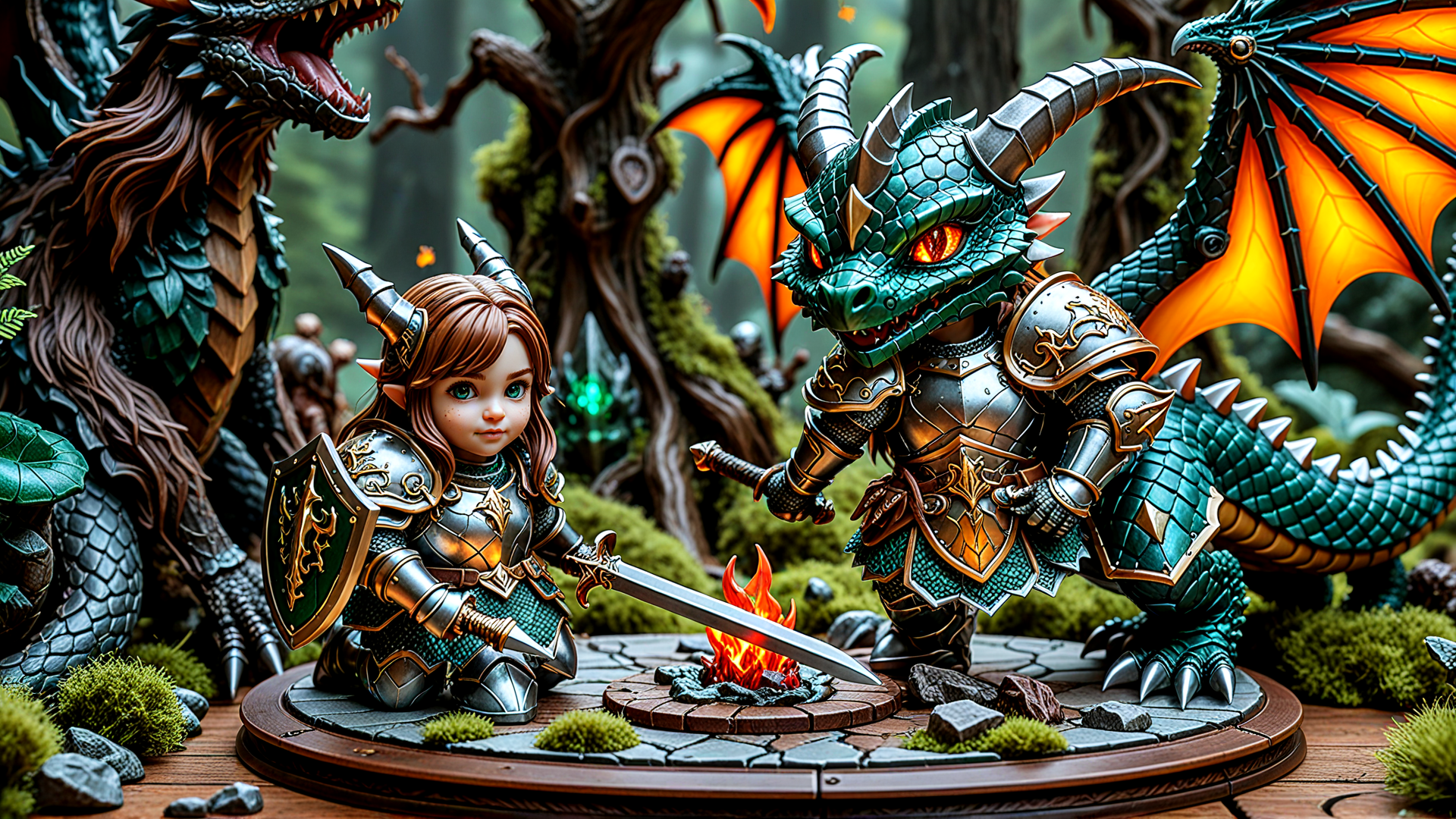 AI generated wallpaper featuring elf, dragon, knight, shield, sword, fire, armor, forest, miniature