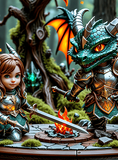 elf, dragon, knight, shield, sword, fire, armor, forest, miniature
