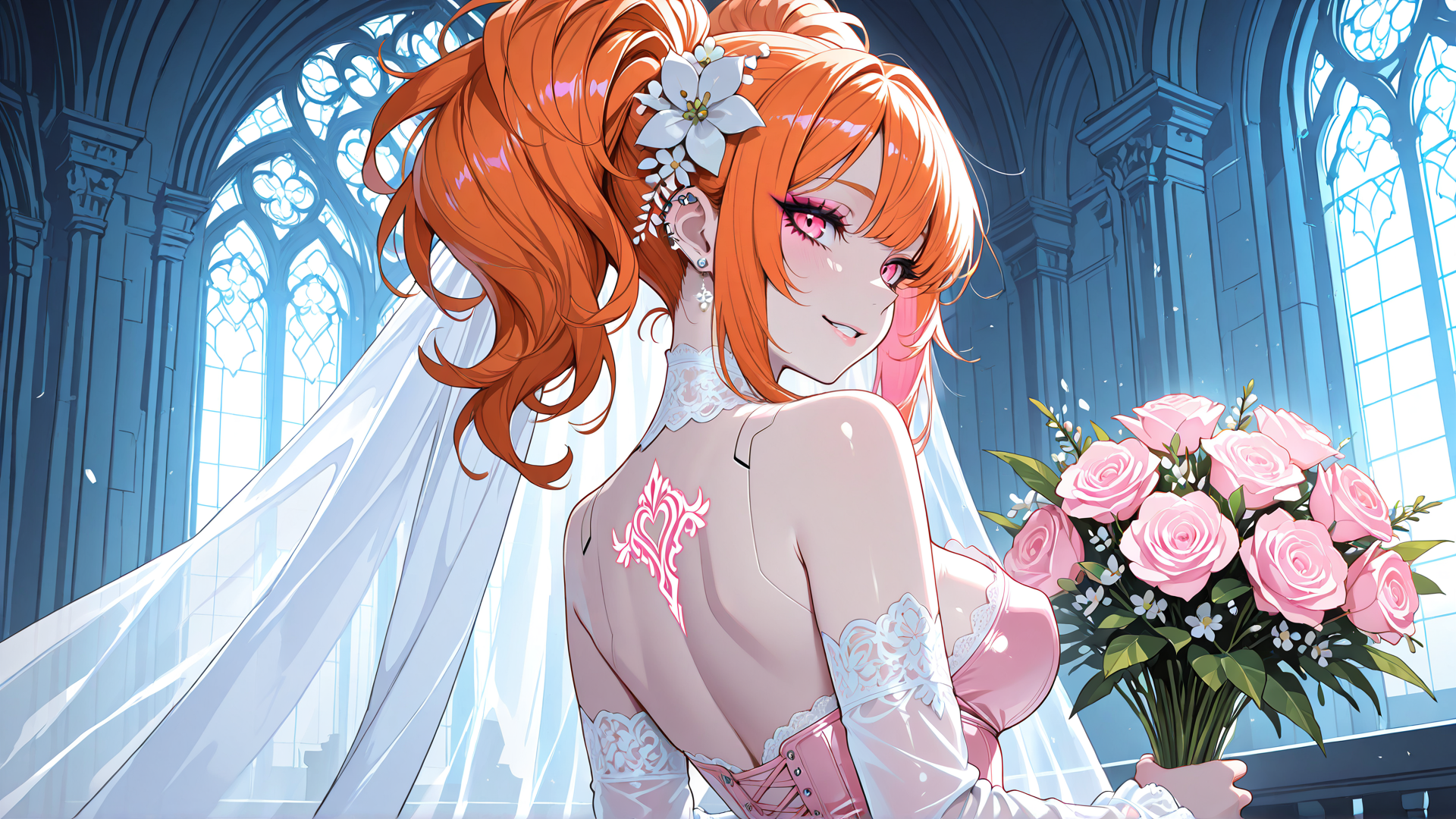 AI generated wallpaper featuring bride, goddess, flower, veil, roses, church