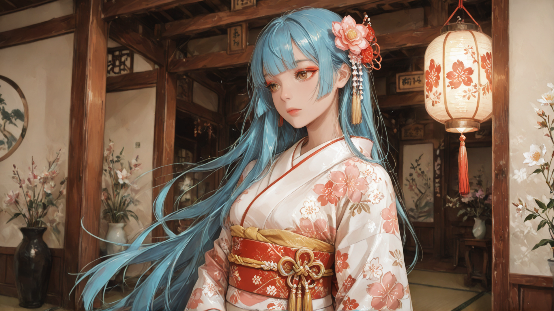 AI generated wallpaper featuring woman, kimono, blue hair, lantern, flowers, vase, wooden structure, traditional house, hair ornament, knot