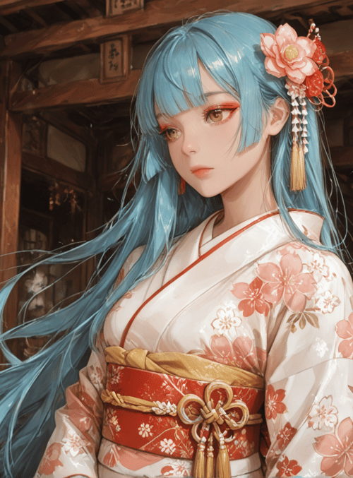 woman, kimono, blue hair, lantern, flowers, vase, wooden structure, traditional house, hair ornament, knot