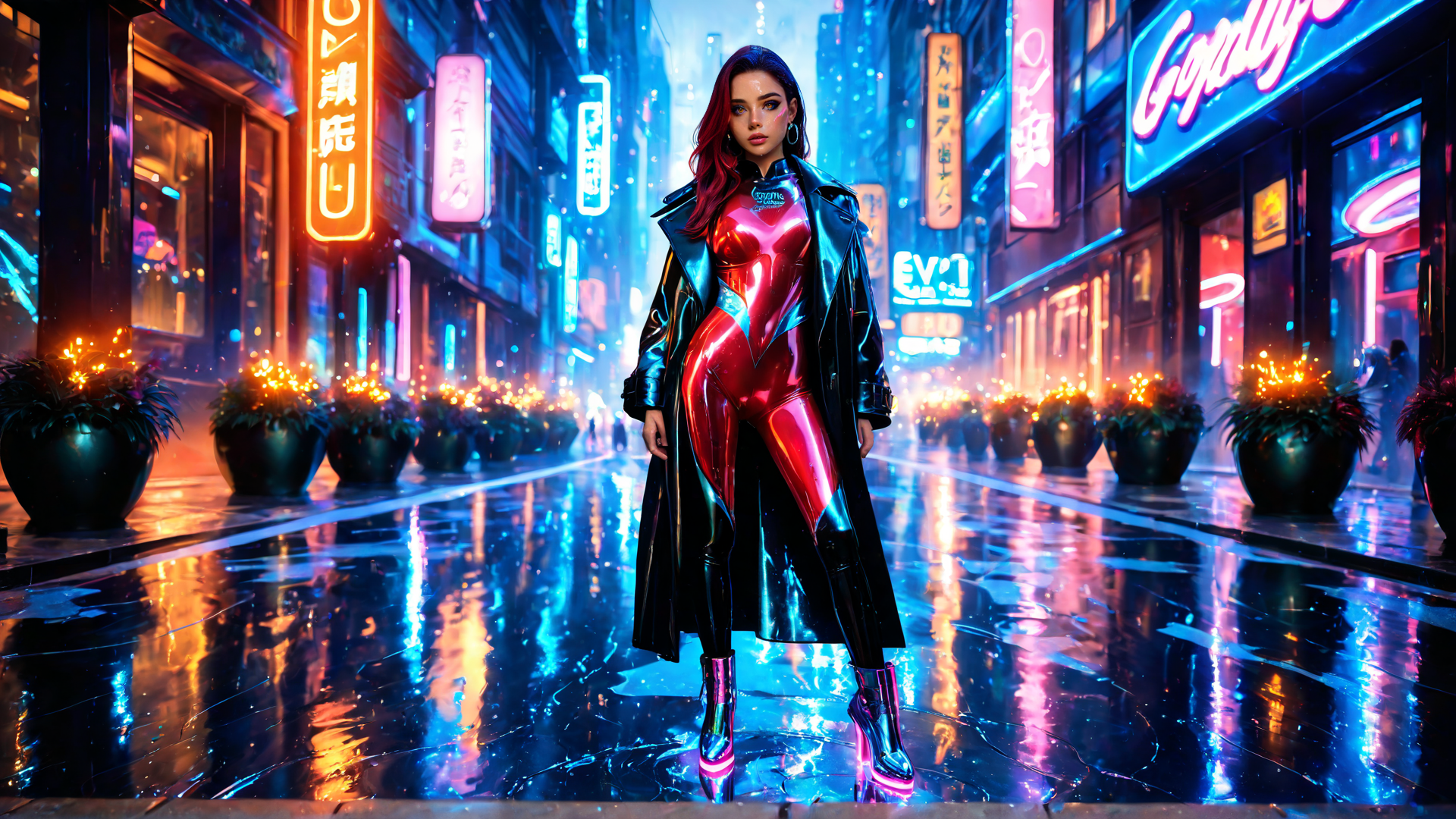 AI generated wallpaper featuring woman, neon, city