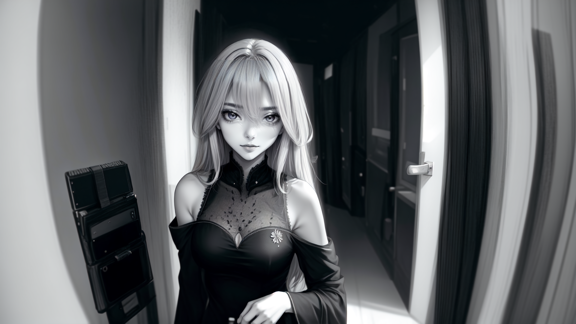AI generated wallpaper featuring woman, corridor, laptop