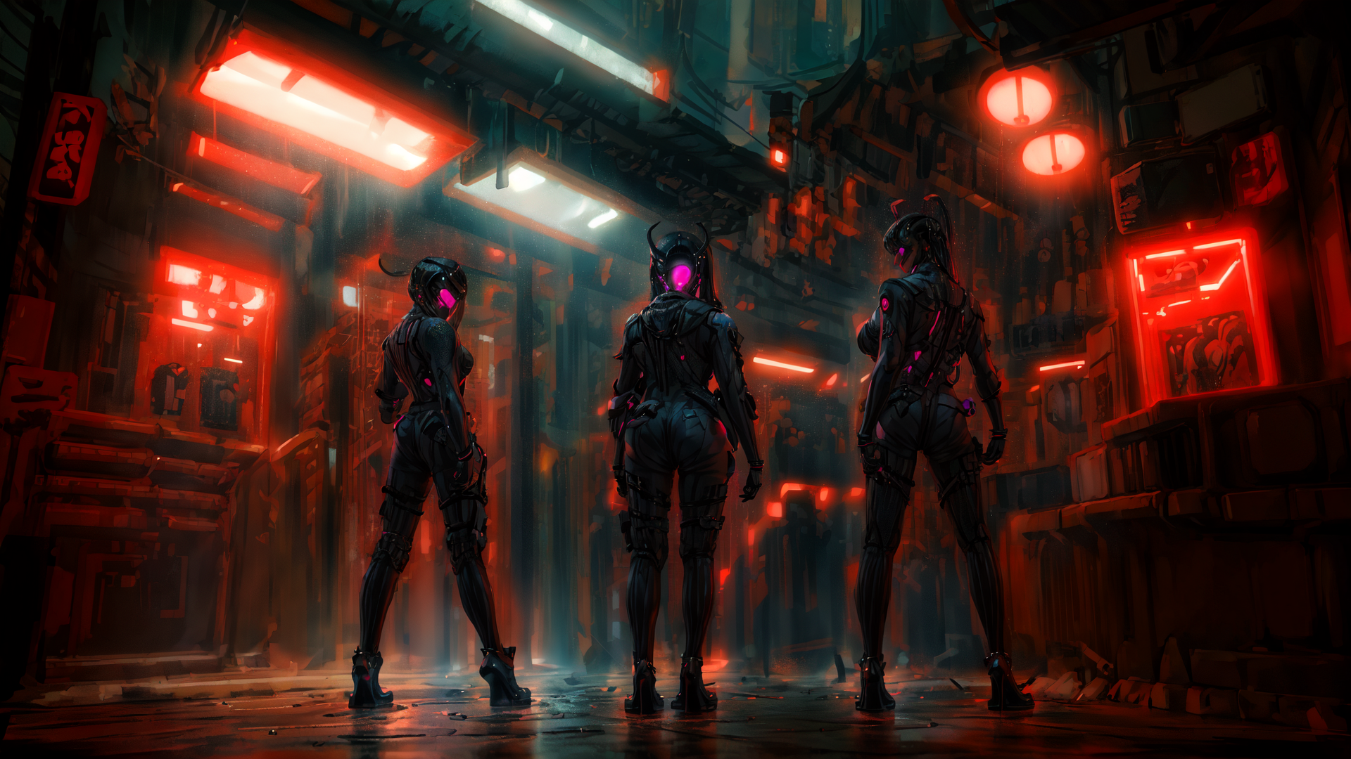 AI generated wallpaper featuring cyborg, women, neon