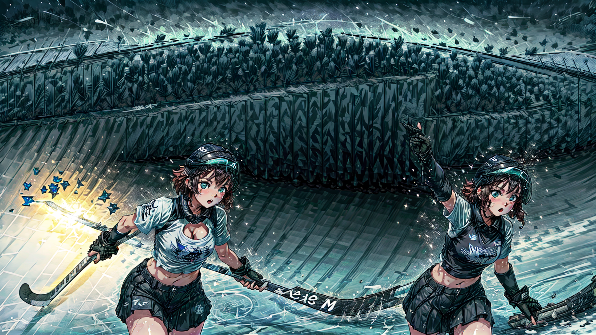 AI generated wallpaper featuring girls, hockey, hockey stick, ice rink, helmet