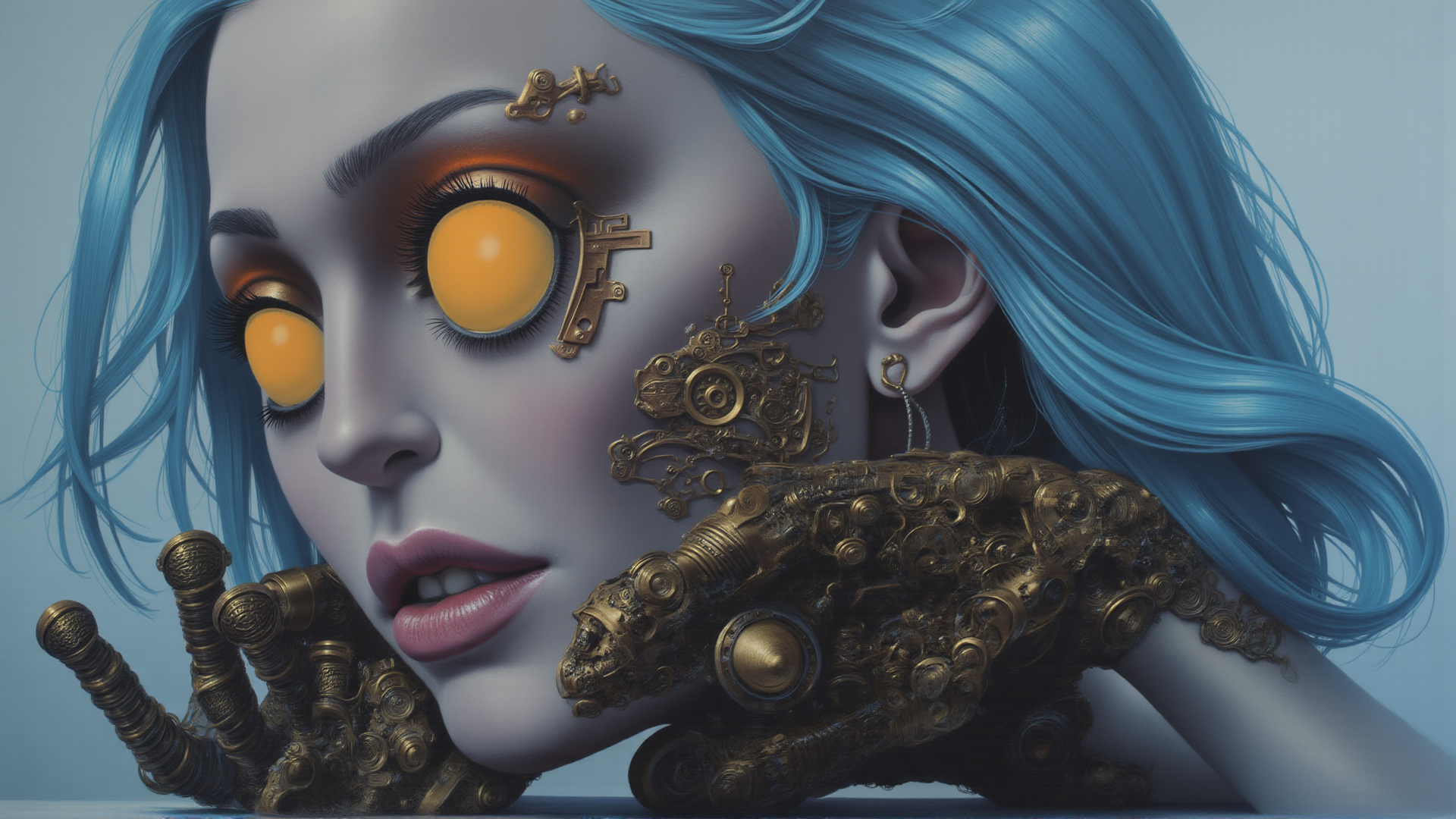 AI generated wallpaper featuring cyborg, woman, gears, blue hair, golden eyes, mechanical hand, earring, steampunk, fashion, ornament