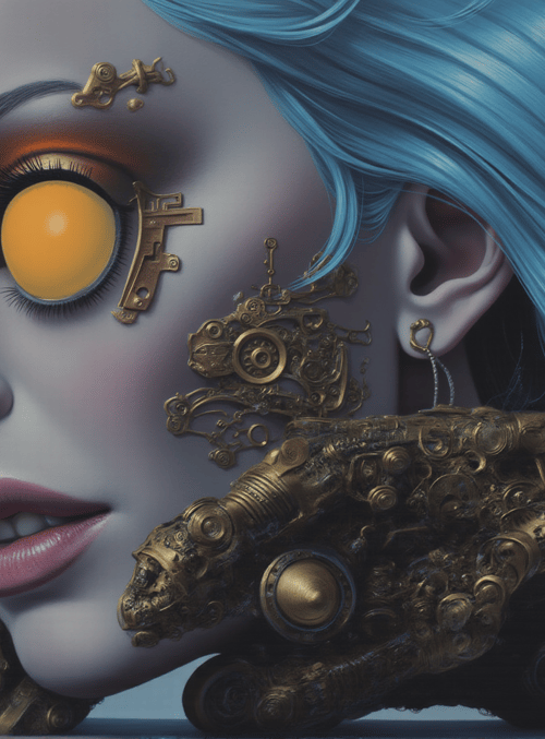 cyborg, woman, gears, blue hair, golden eyes, mechanical hand, earring, steampunk, fashion, ornament