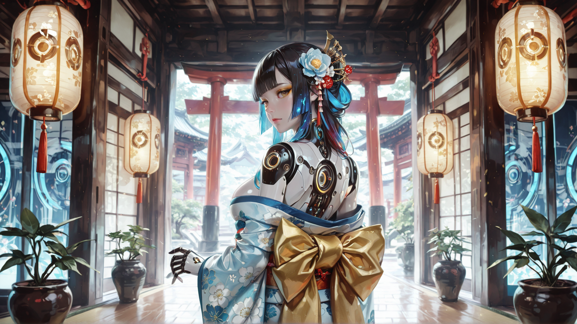AI generated wallpaper featuring robot, girl, lantern, kimono, traditional building