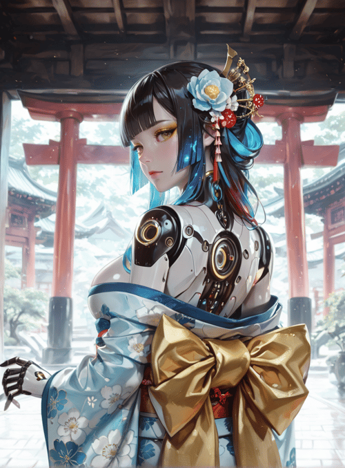 robot, girl, lantern, kimono, traditional building