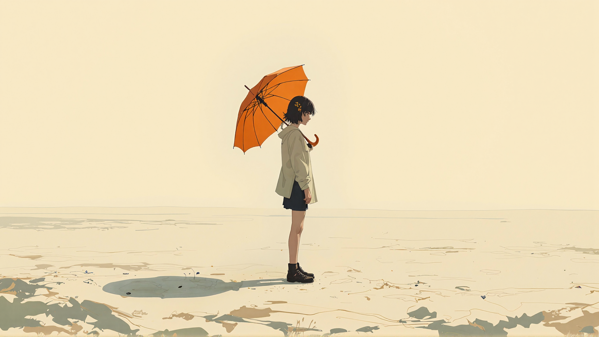 AI generated wallpaper featuring girl, umbrella, desert, shadow, sand