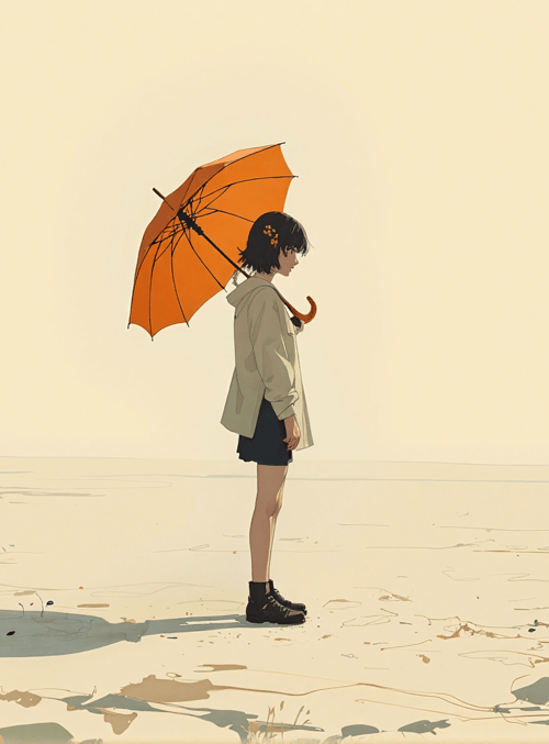 girl, umbrella, desert, shadow, sand