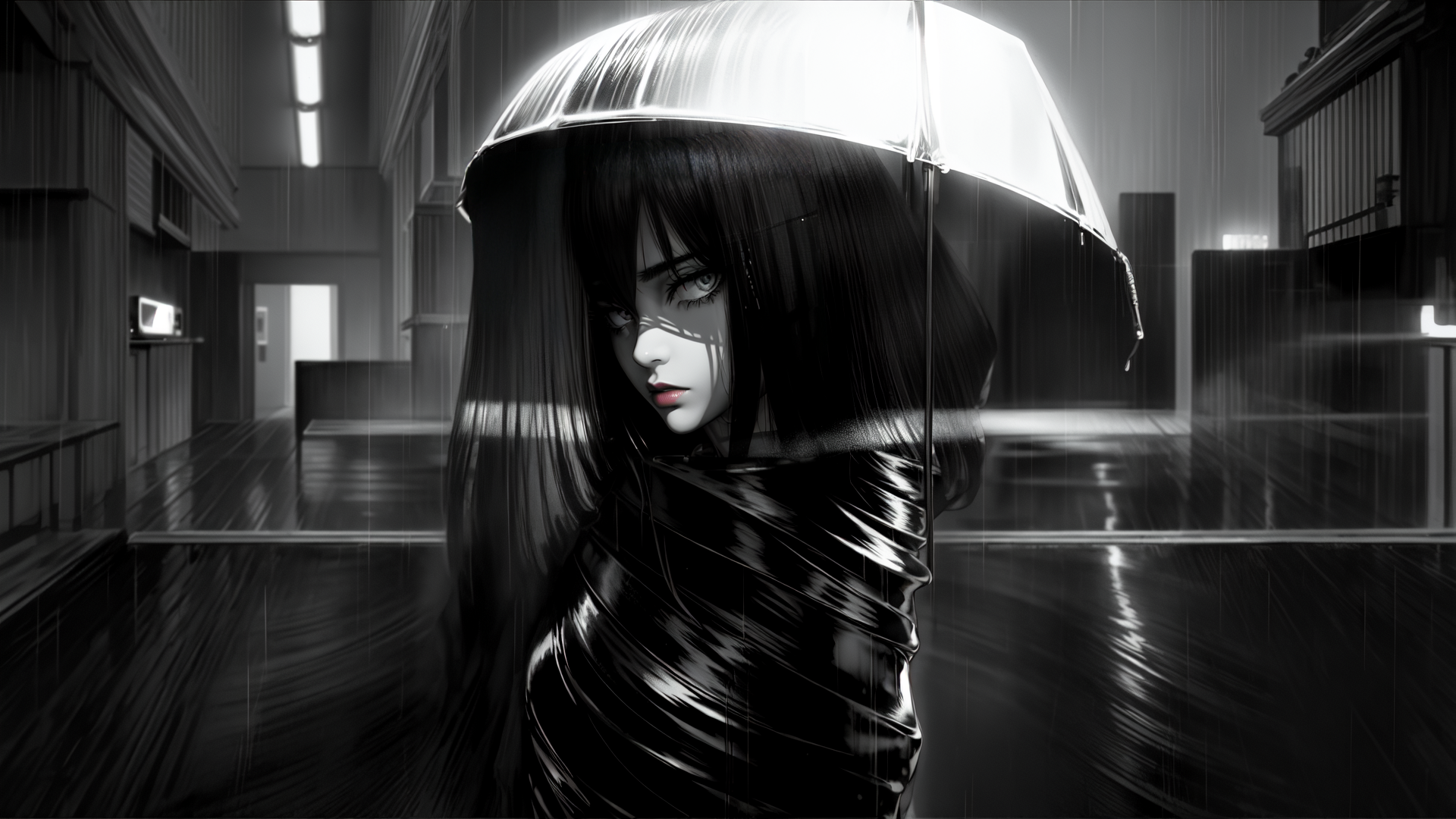 AI generated wallpaper featuring woman, umbrella, rain