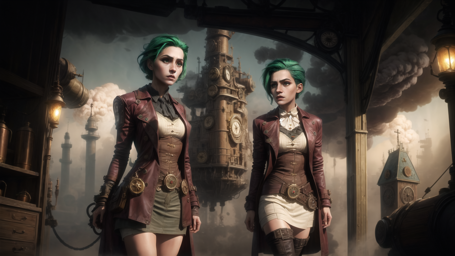 AI generated wallpaper featuring women, steampunk, clock tower
