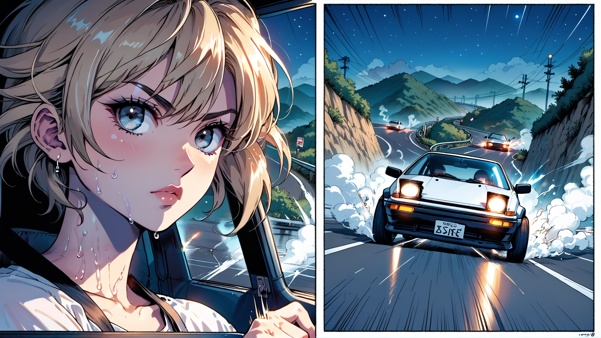 AI generated wallpaper featuring girl, car, road, mountain, sky, stars, smoke, windshield, license plate, earrings